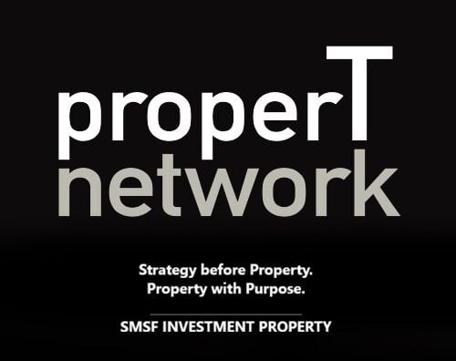 Brand logo showing 'properT' on top of 'network' in white/gray on black, with the tagline 'Strategy before Property. Property with Purpose.' and 'SMSF INVESTMENT PROPERTY' beneath.